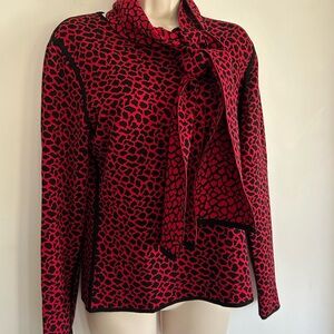 Carlisle Cherry Red & Black Animal Print Silk Blend Sweater w/ Scarf NWOT SZ M